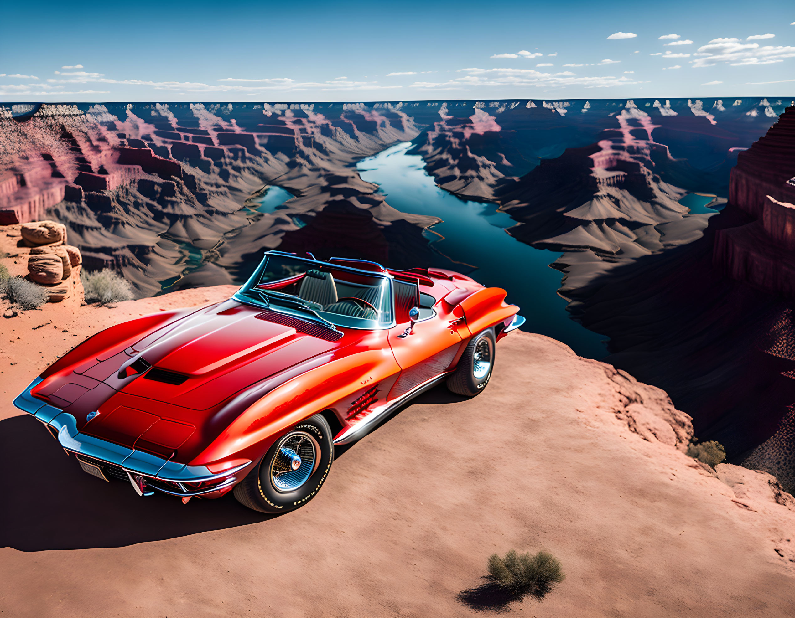 Classic Red Convertible Overlooking Canyon and River on Clear Day