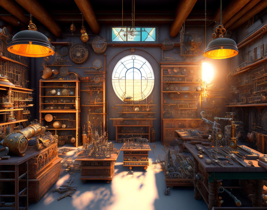 Detailed Steampunk Workshop with Vintage Gadgets and Warm Lighting