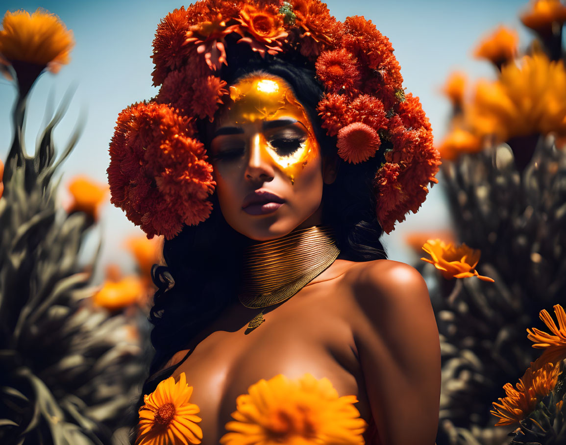 Woman with vibrant floral headpiece and golden makeup among orange flowers.