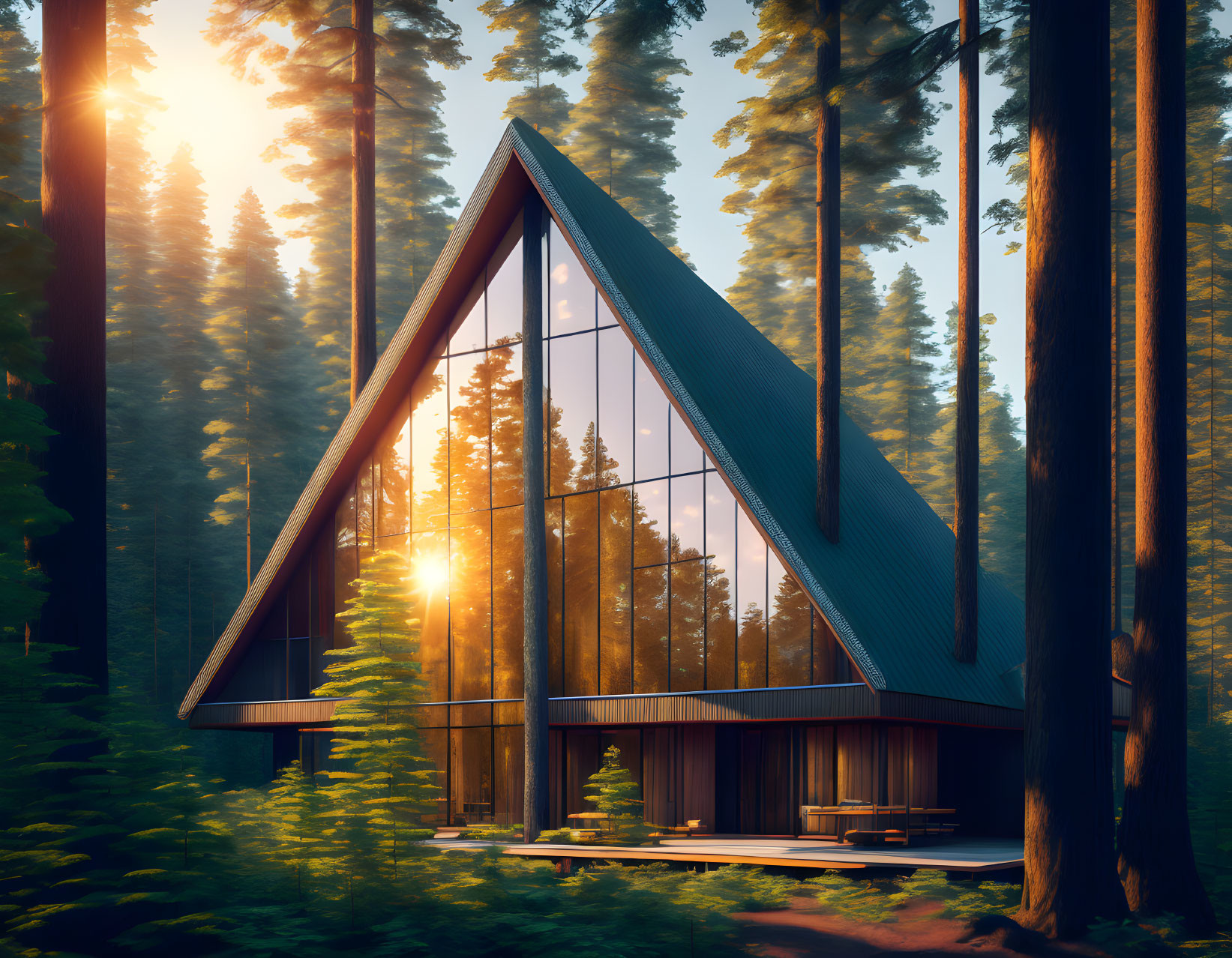 Modern A-frame house with large windows in forest sunset glow