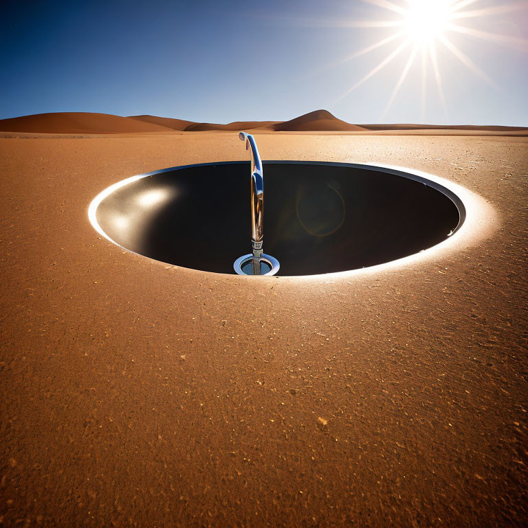 Surreal sinkhole with silver tap in sandy desert under blue sky