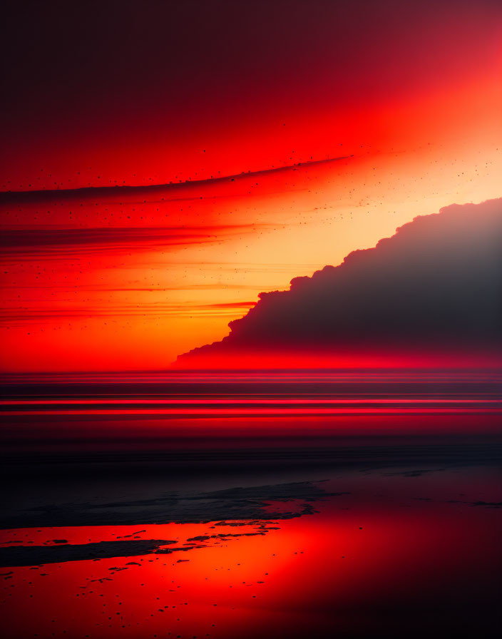 Red and Black Gradient Sky Over Tranquil Sea at Sunset