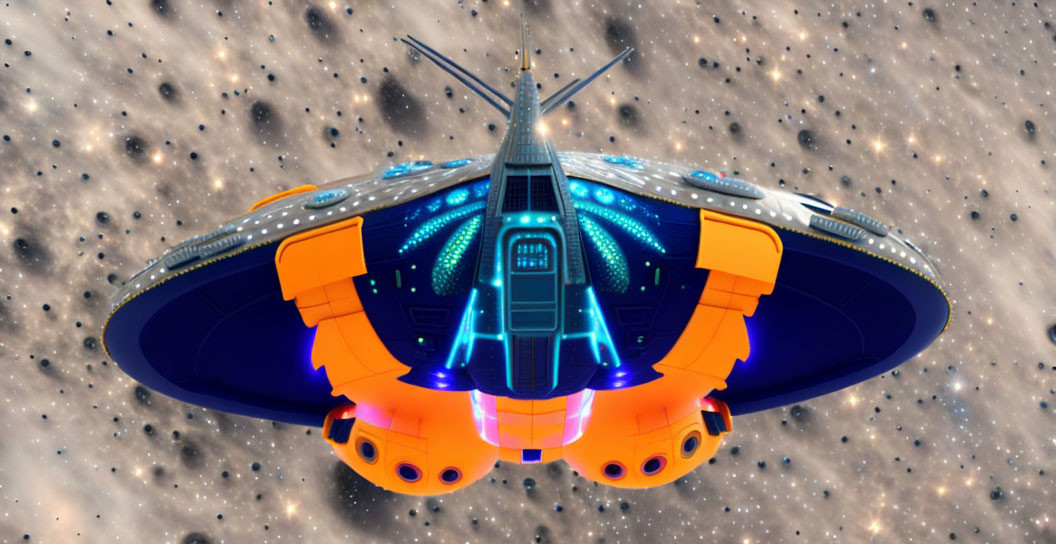 Detailed Spaceship with Orange Engines and Blue Neon Lights in Starry Space