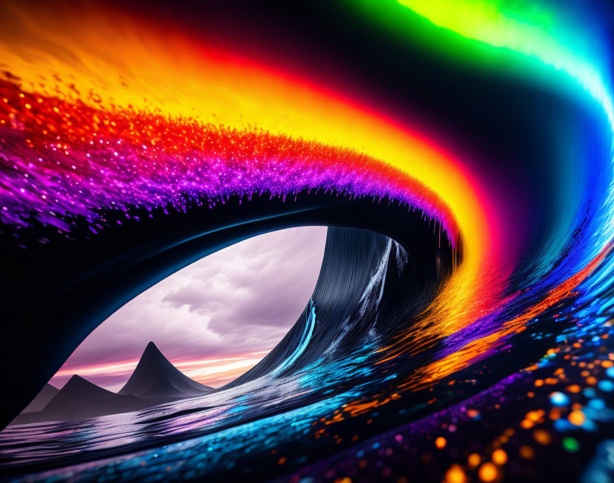 Colorful digital artwork: surreal wave over tranquil sea & mountains