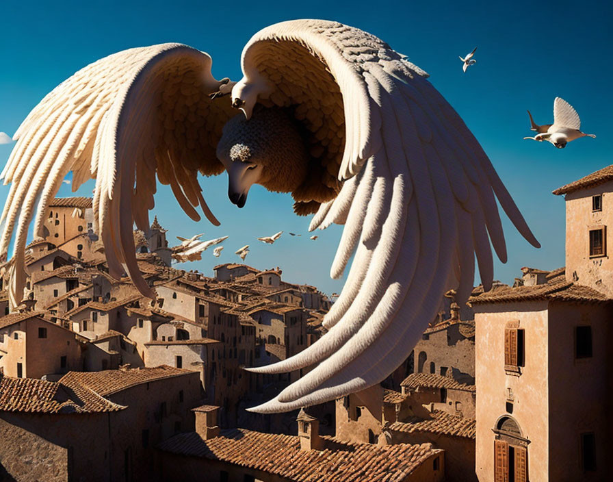 Giant winged creature over old European village with seagulls