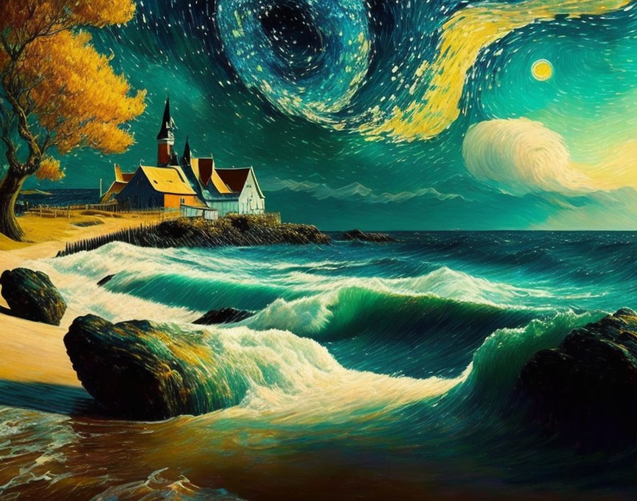 Coastal painting with starry night sky and crashing waves near church