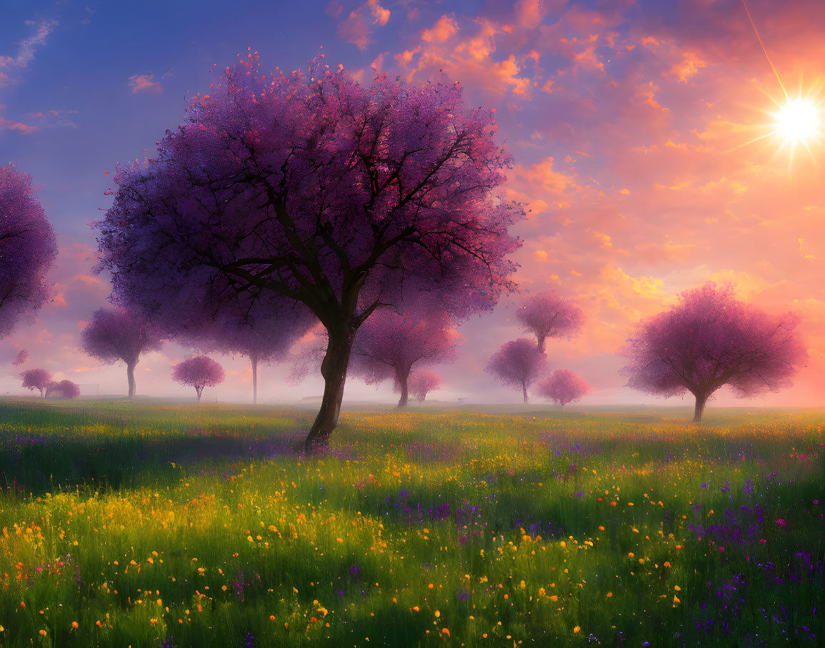 Vibrant purple trees in bloom with lush green field and radiant sun