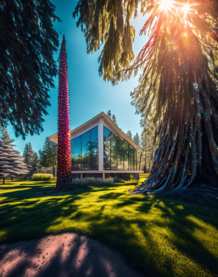 Glass house surrounded by trees with sunlight and shadows on green lawn