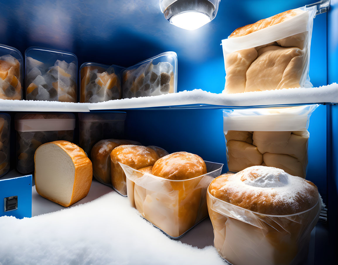 Assorted bread loaves and buns in freezer under bright light