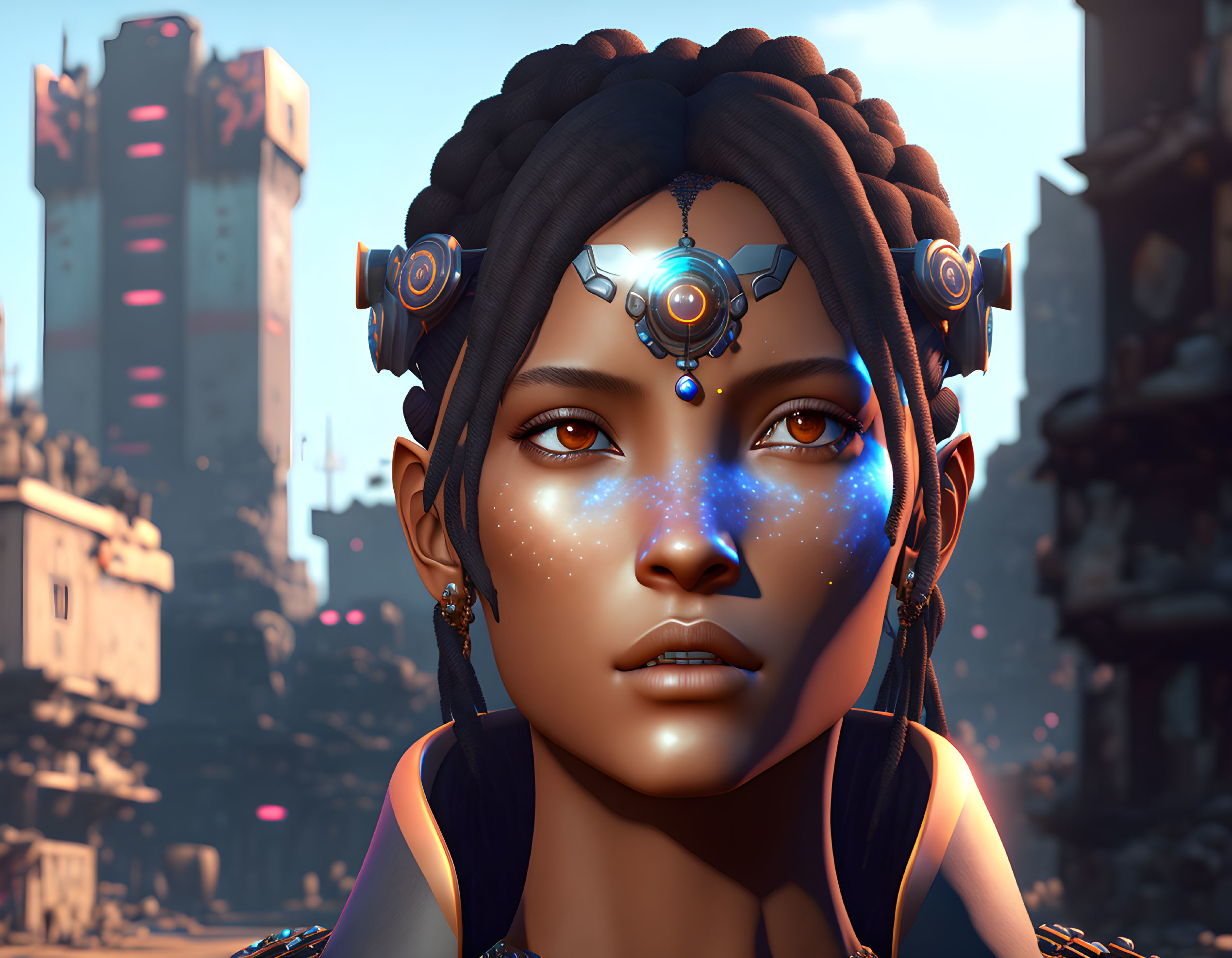 CGI portrait of woman with futuristic headgear and glowing blue eyes