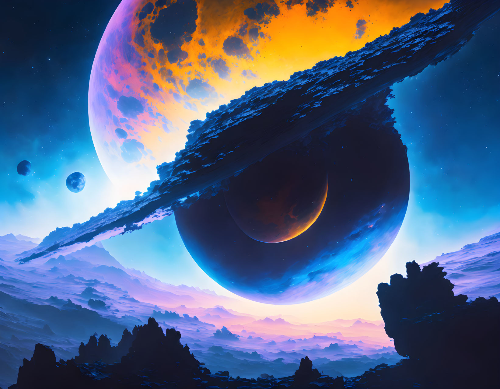 Large celestial bodies in vibrant sci-fi landscape with planets and moons.