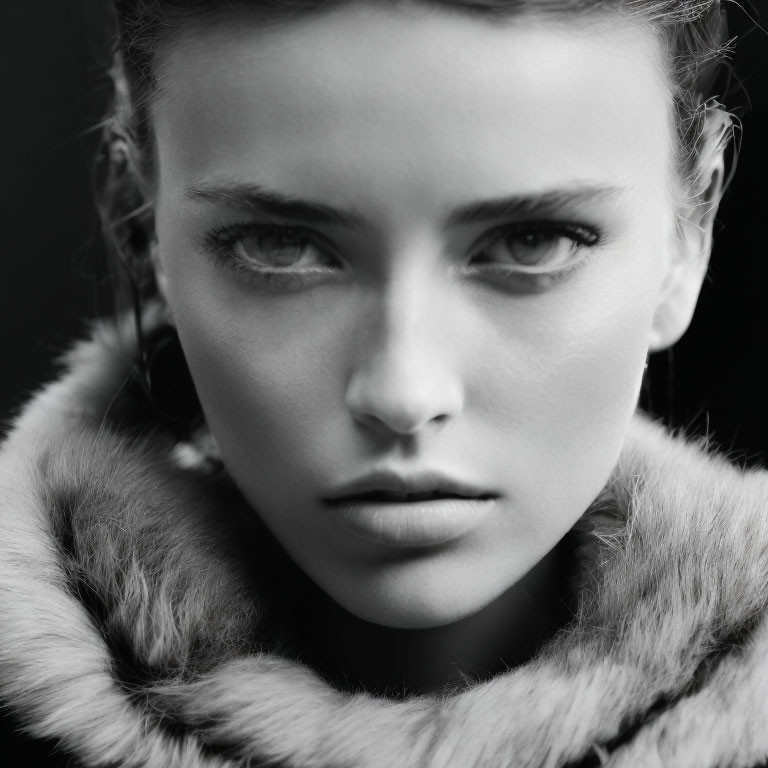 Intense gaze woman in fur with monochrome aesthetic