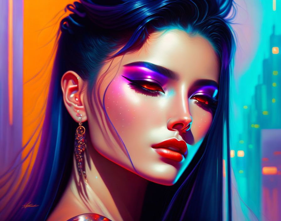 Woman with Vibrant Purple Eyeshadow in Digital Artwork