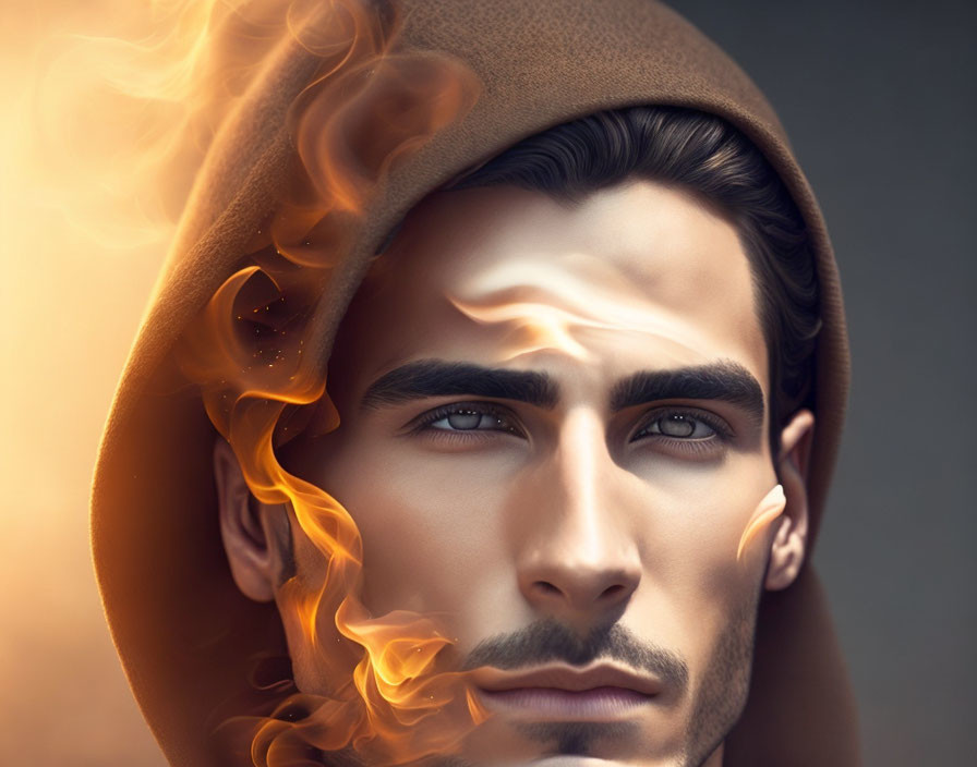 Digital artwork of a man with hood and flame-like elements