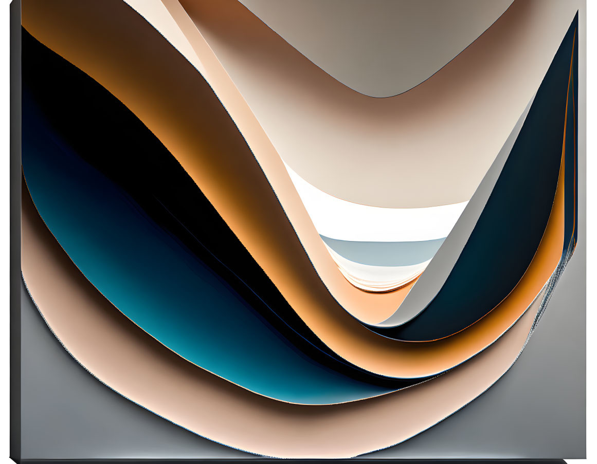 Fluid layered shapes in brown, beige, and blue on framed canvas