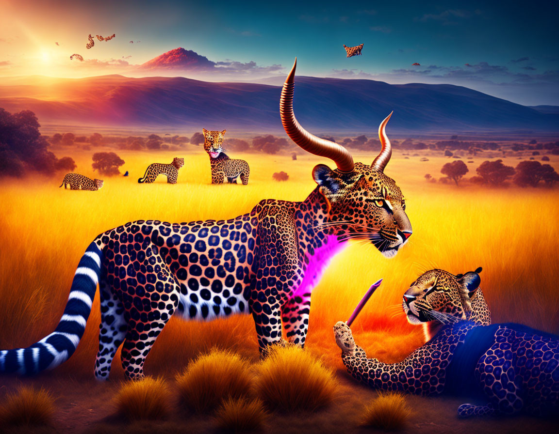 Colorful surreal illustration: Leopards in African savannah at sunset