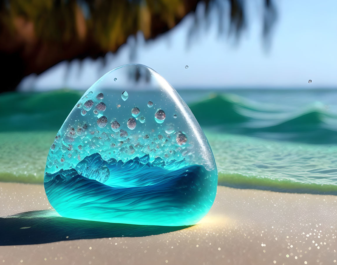 Translucent glass sculpture on sandy beach with waves, ocean, and foliage.