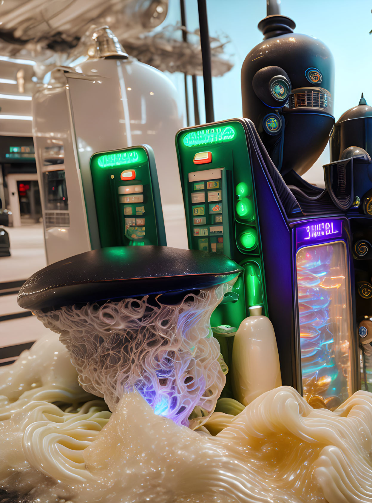 Retro-futuristic fuel pumps and glowing jellyfish-like object in sci-fi setting