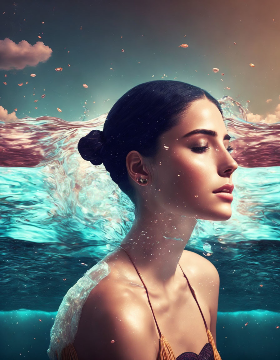 Woman with serene expression emerges from water with droplets glistening around her