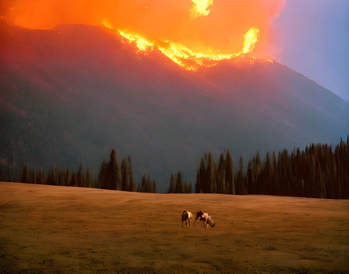 Vibrant sunset over mountain landscape with grazing horses