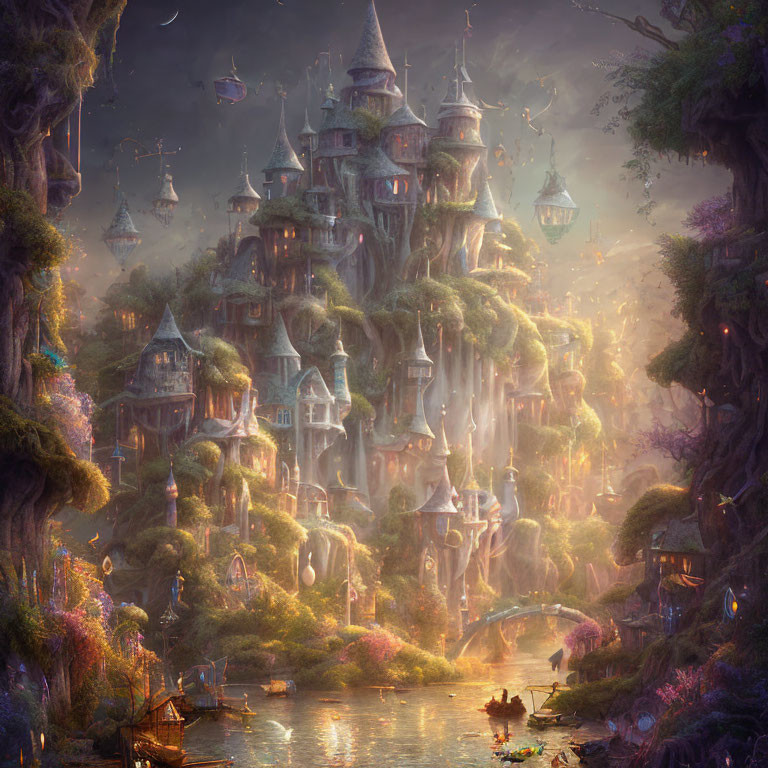 Fantasy castle with towers in lush landscape, waterfalls, river, boats, and floating islands at