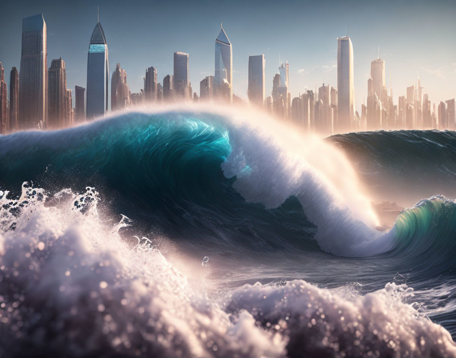 Surreal city skyscrapers blend with photorealistic waves