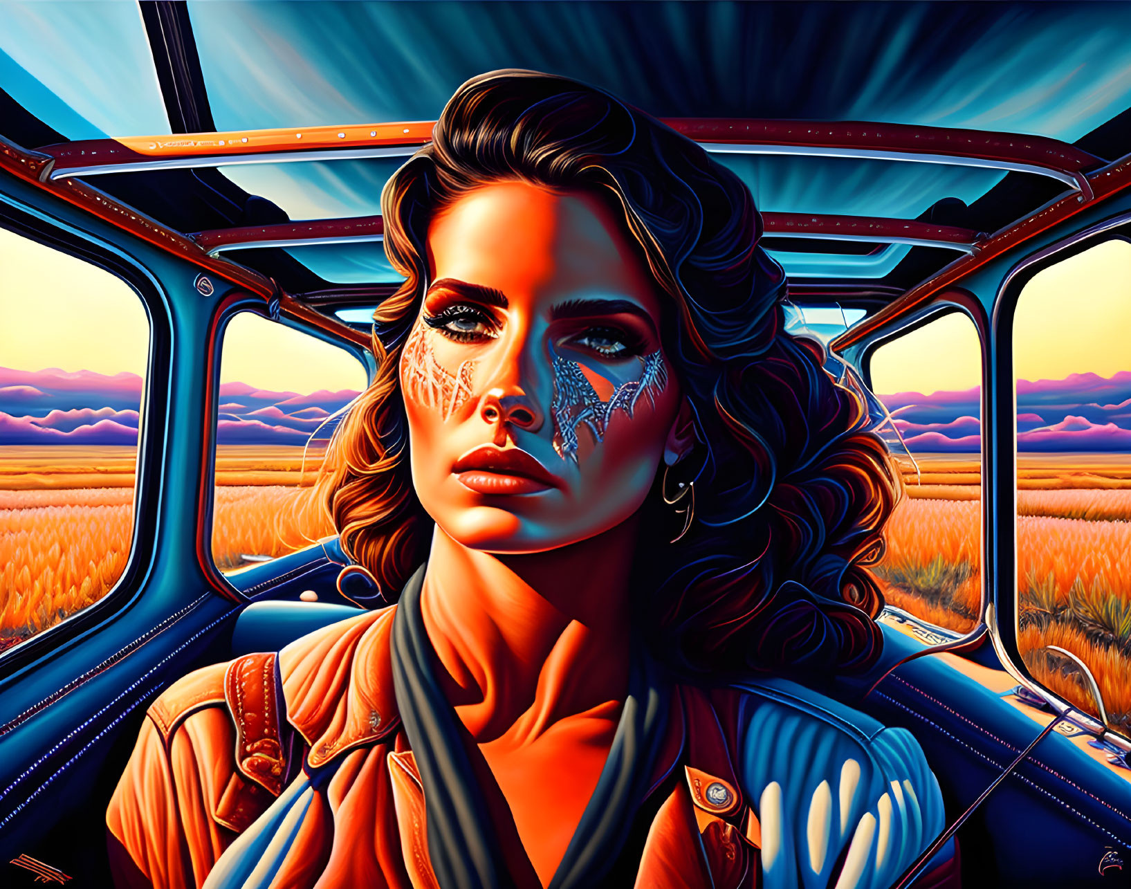 Portrait of woman with detailed makeup in car interior at sunset