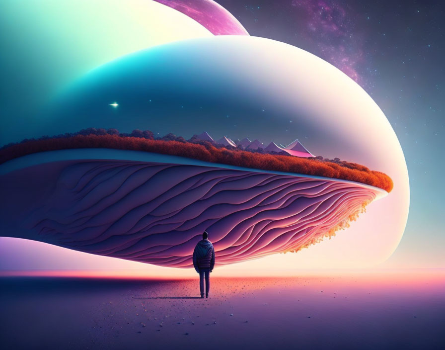 Surreal landscape with person under alien sky