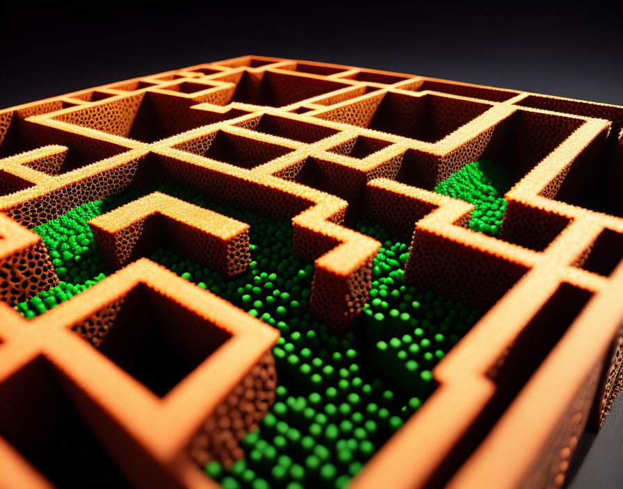 Detailed Close-Up of Illuminated 3D Maze Puzzle with Green Orbs