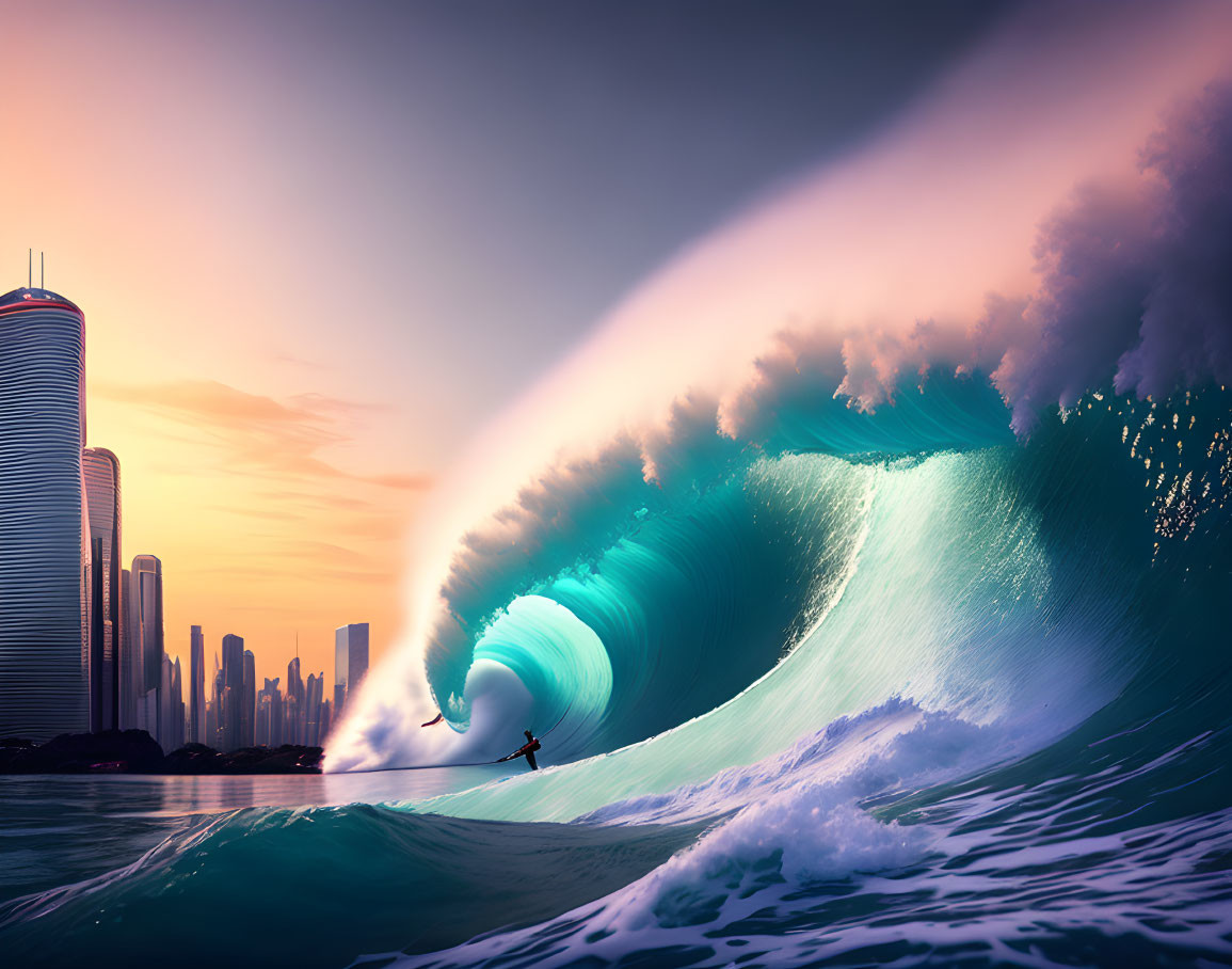 Surfer riding massive wave against vibrant cityscape at sunset