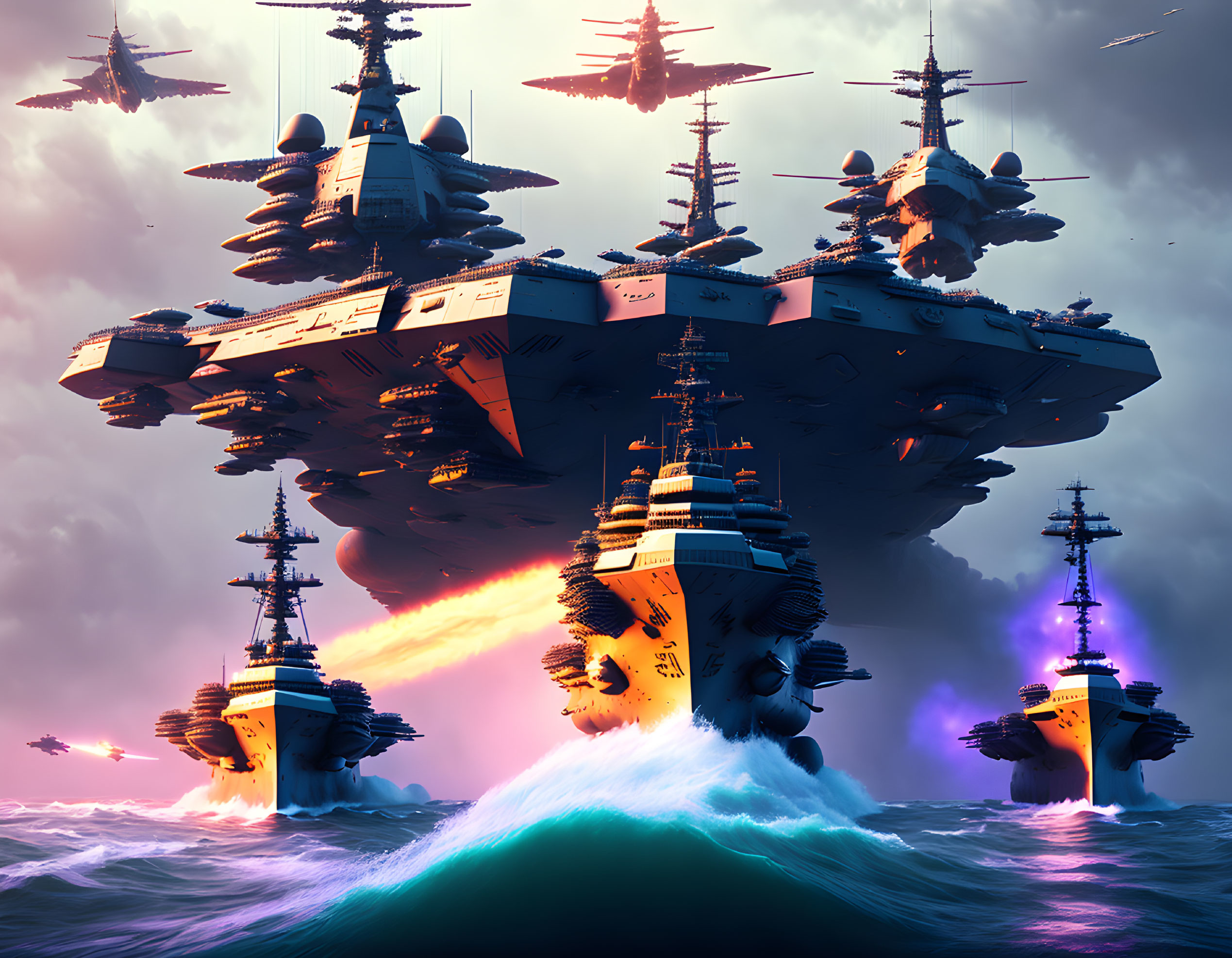 Futuristic airborne battleships over turbulent ocean waves at sunset