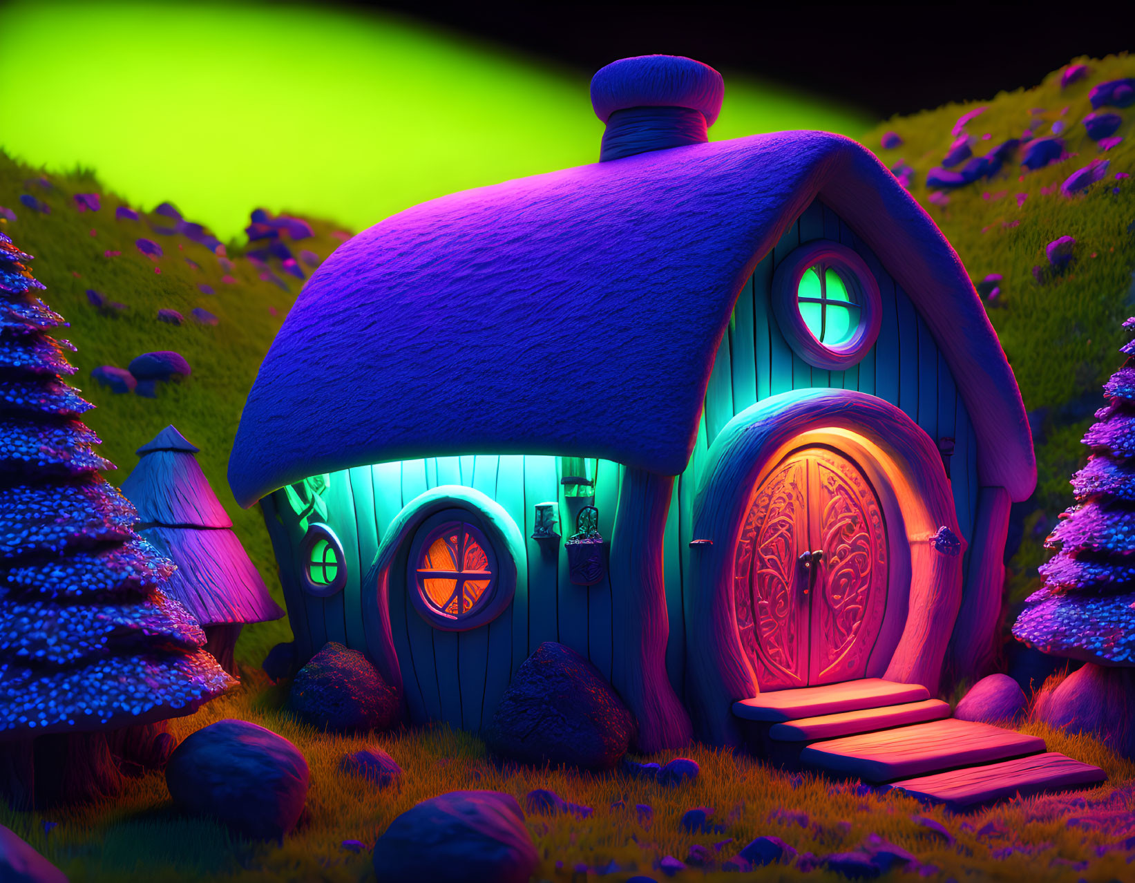 Colorful Cottage with Blue Roof in Neon-Lit Landscape