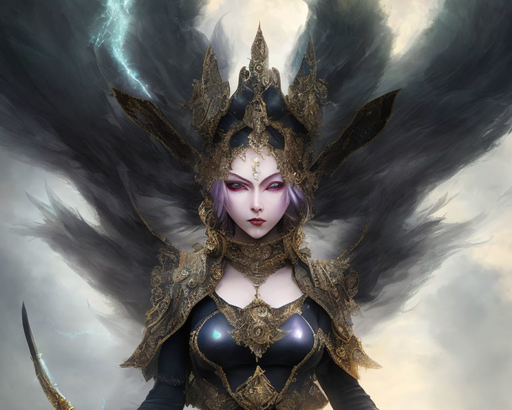 Female fantasy figure in gold armor with headdress under stormy sky