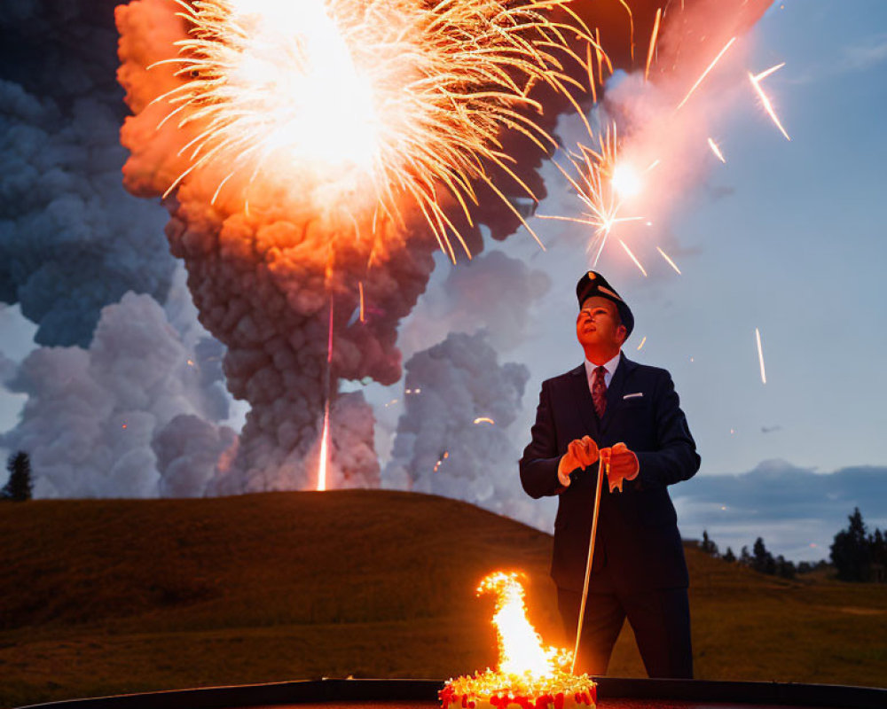 Man in suit lighting cake with sparklers amid dramatic fireworks and billowing smoke.