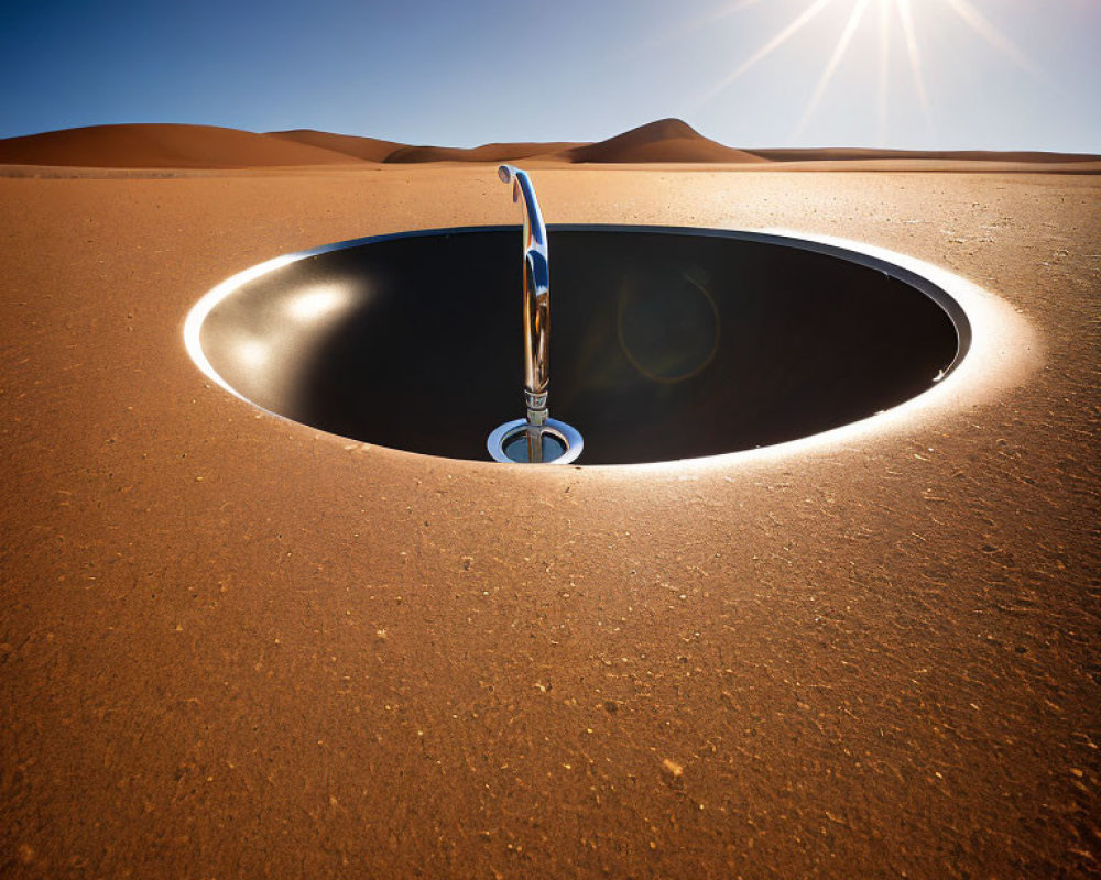 Surreal sinkhole with silver tap in sandy desert under blue sky