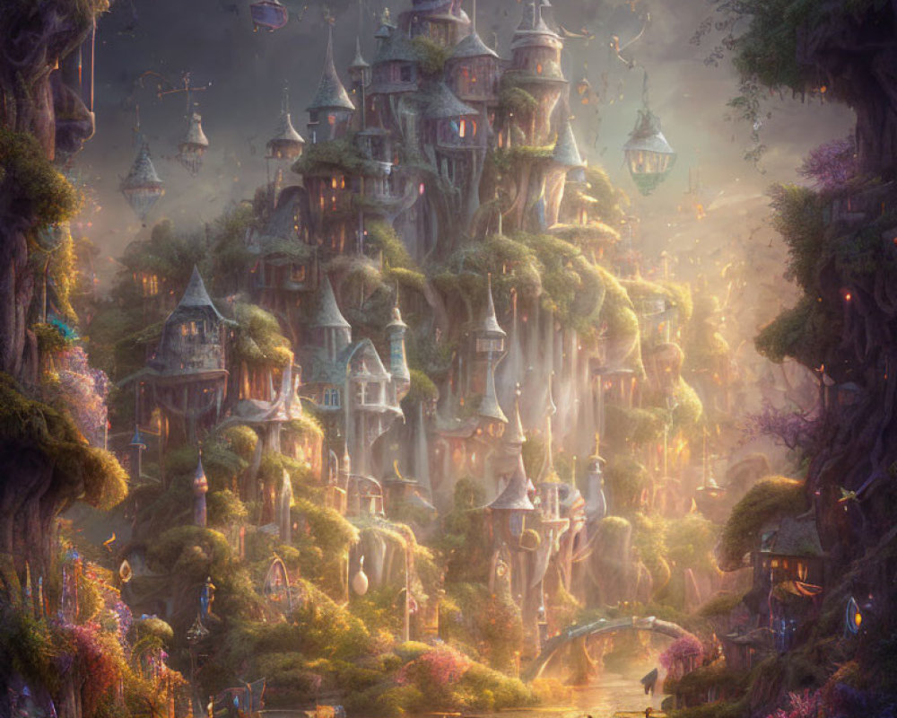 Fantasy castle with towers in lush landscape, waterfalls, river, boats, and floating islands at