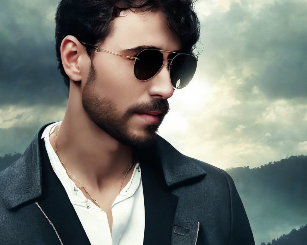 Man with stubble in aviator sunglasses and black blazer against mountainous backdrop