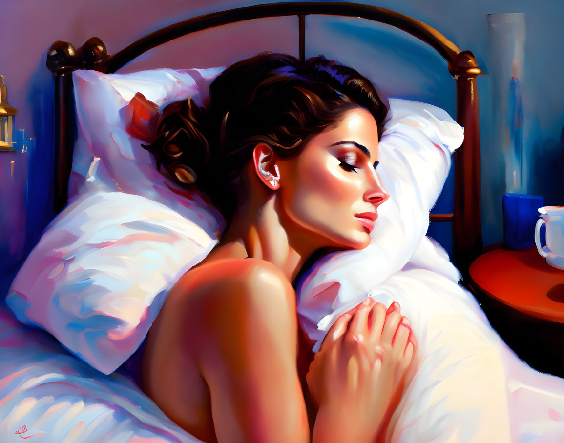 Dark-haired woman resting on white pillow in bedroom setting.