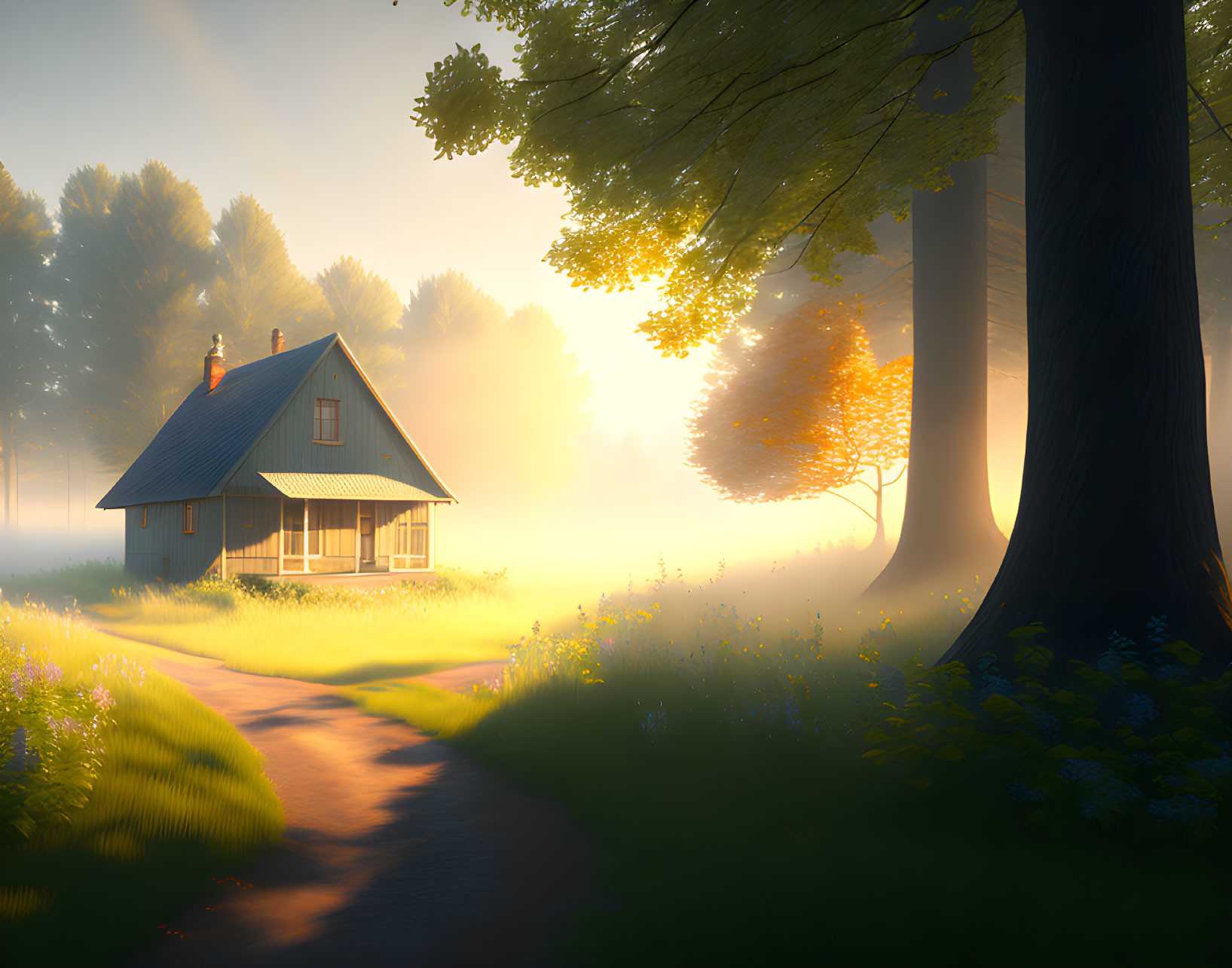 Tranquil sunrise scene of small house in misty forest