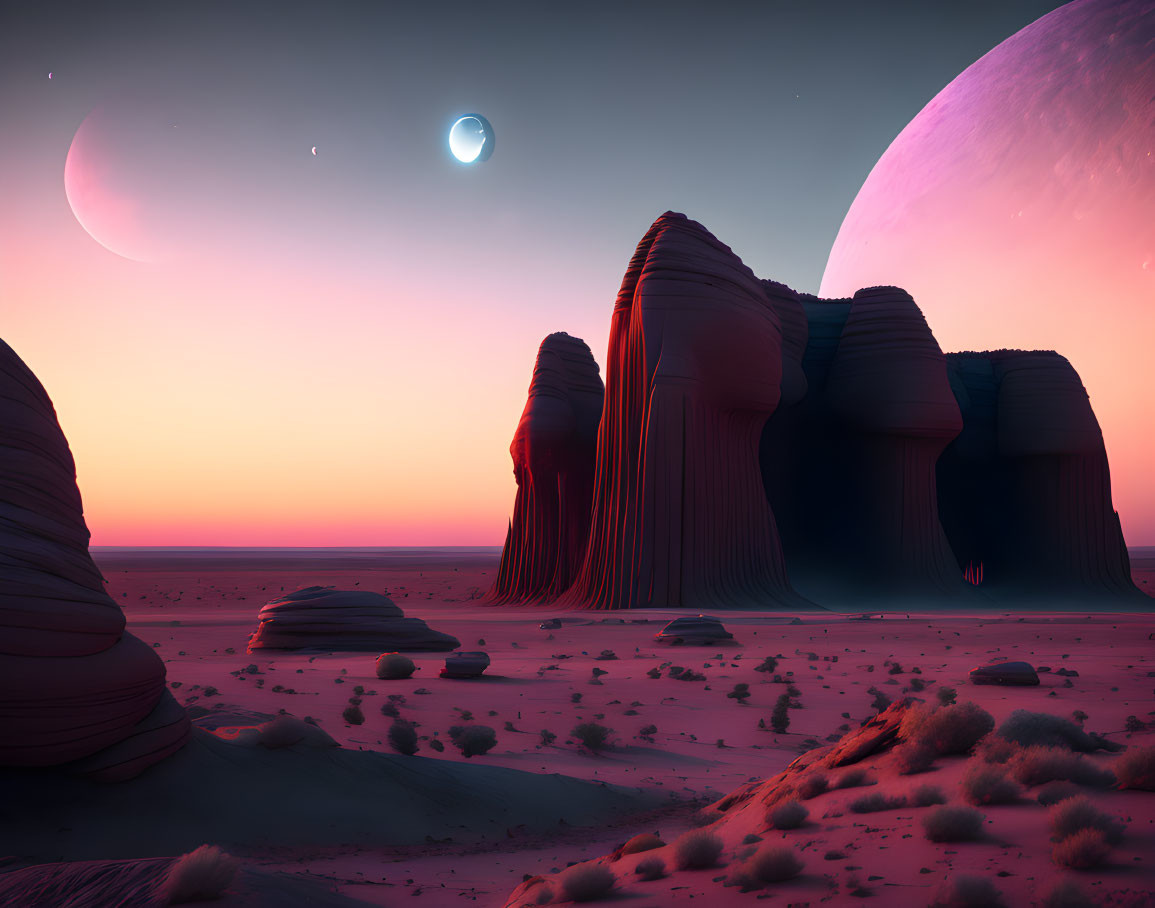 Surreal desert landscape with towering rock formations and two moons