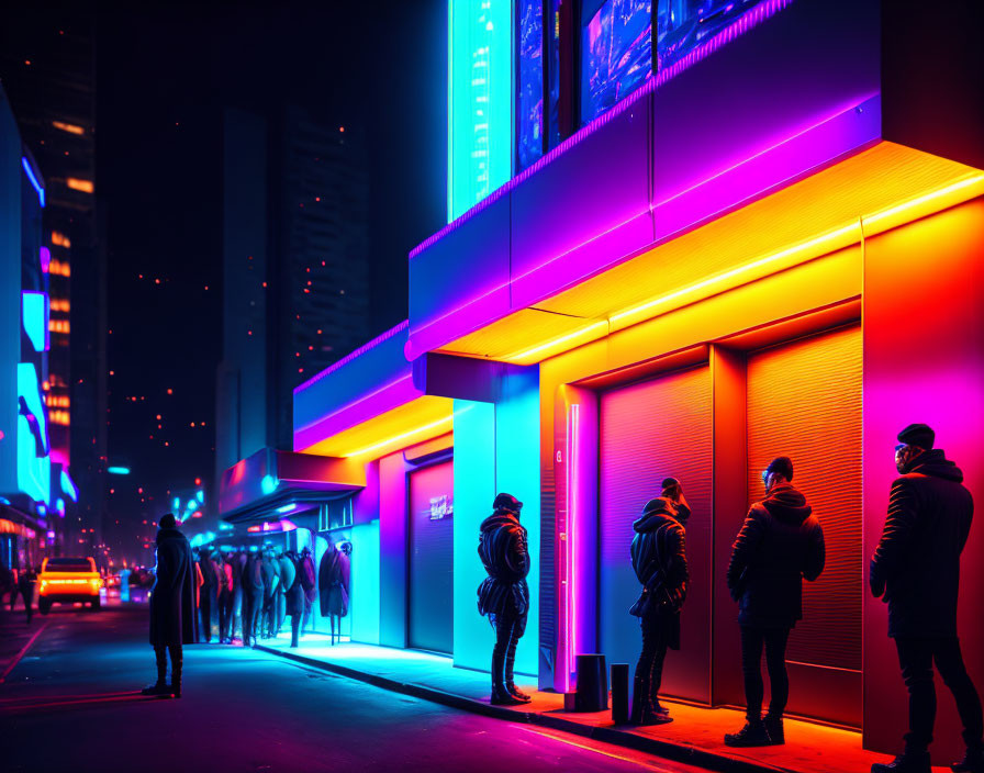 Vibrant neon-lit urban street at night with glowing cityscape