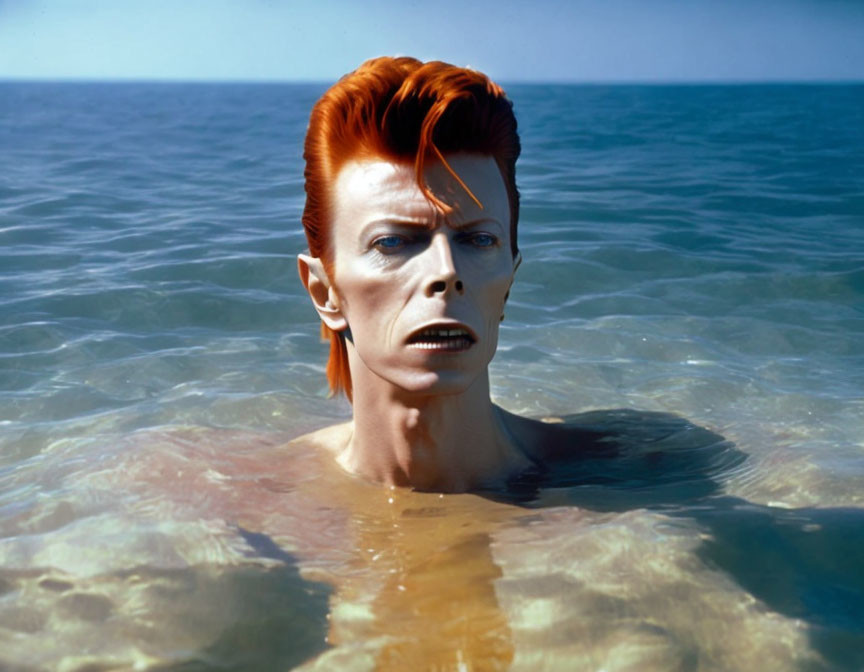 Red-haired person with blue eyes emerges from clear sea water