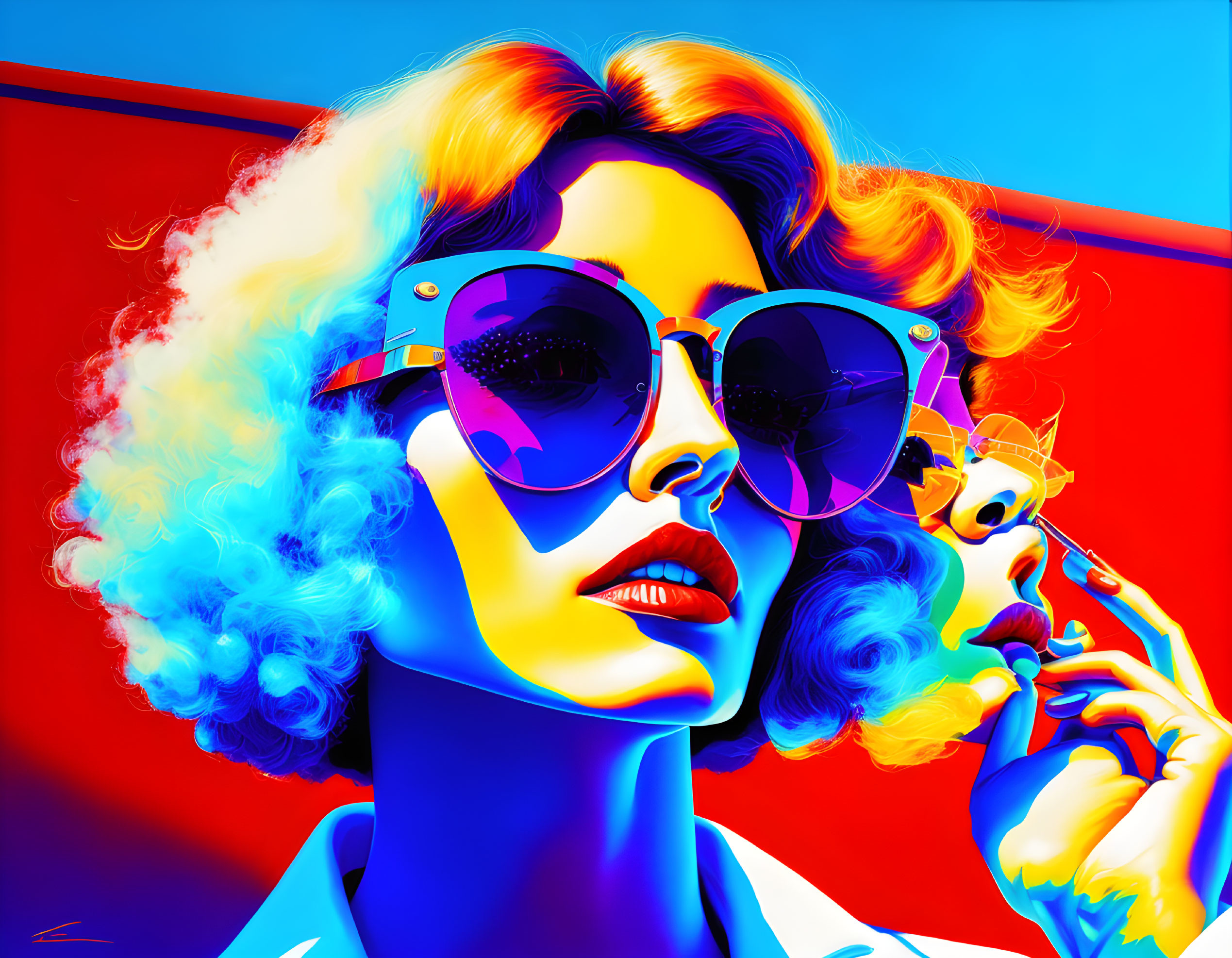 Neon-colored portrait of woman with curly hair and sunglasses