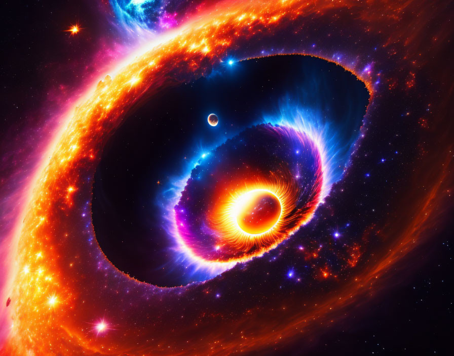 Majestic cosmic scene with black hole, galaxy arms, planets, stars, and fiery nebula