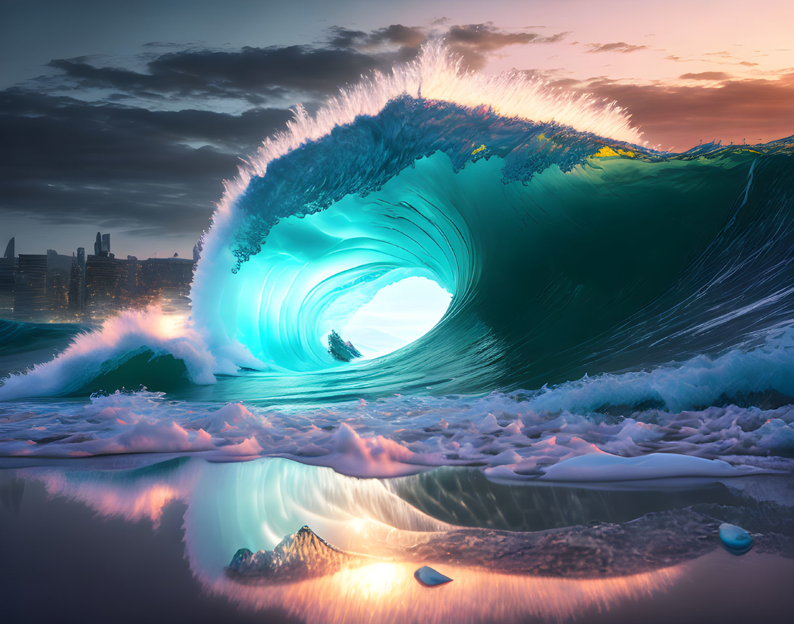 Curling wave with city skyline at sunset and scattered ice pieces