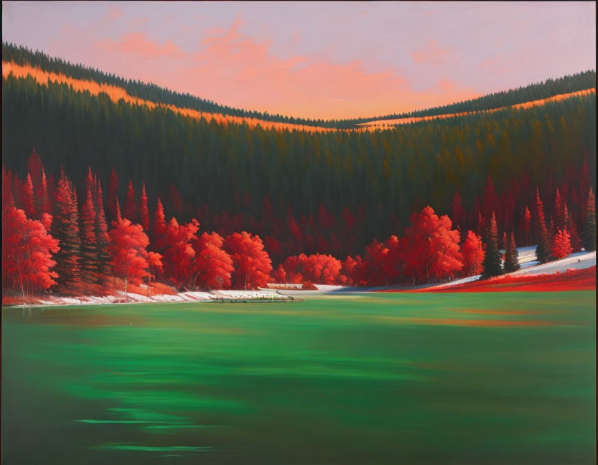 Landscape painting: lush green meadow, red forest, sunset sky