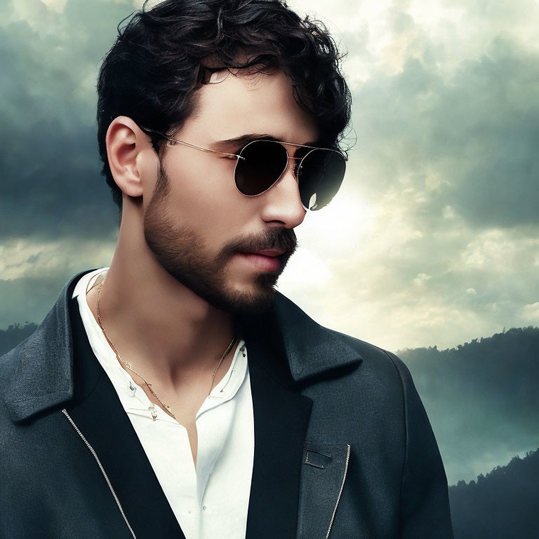 Man with stubble in aviator sunglasses and black blazer against mountainous backdrop