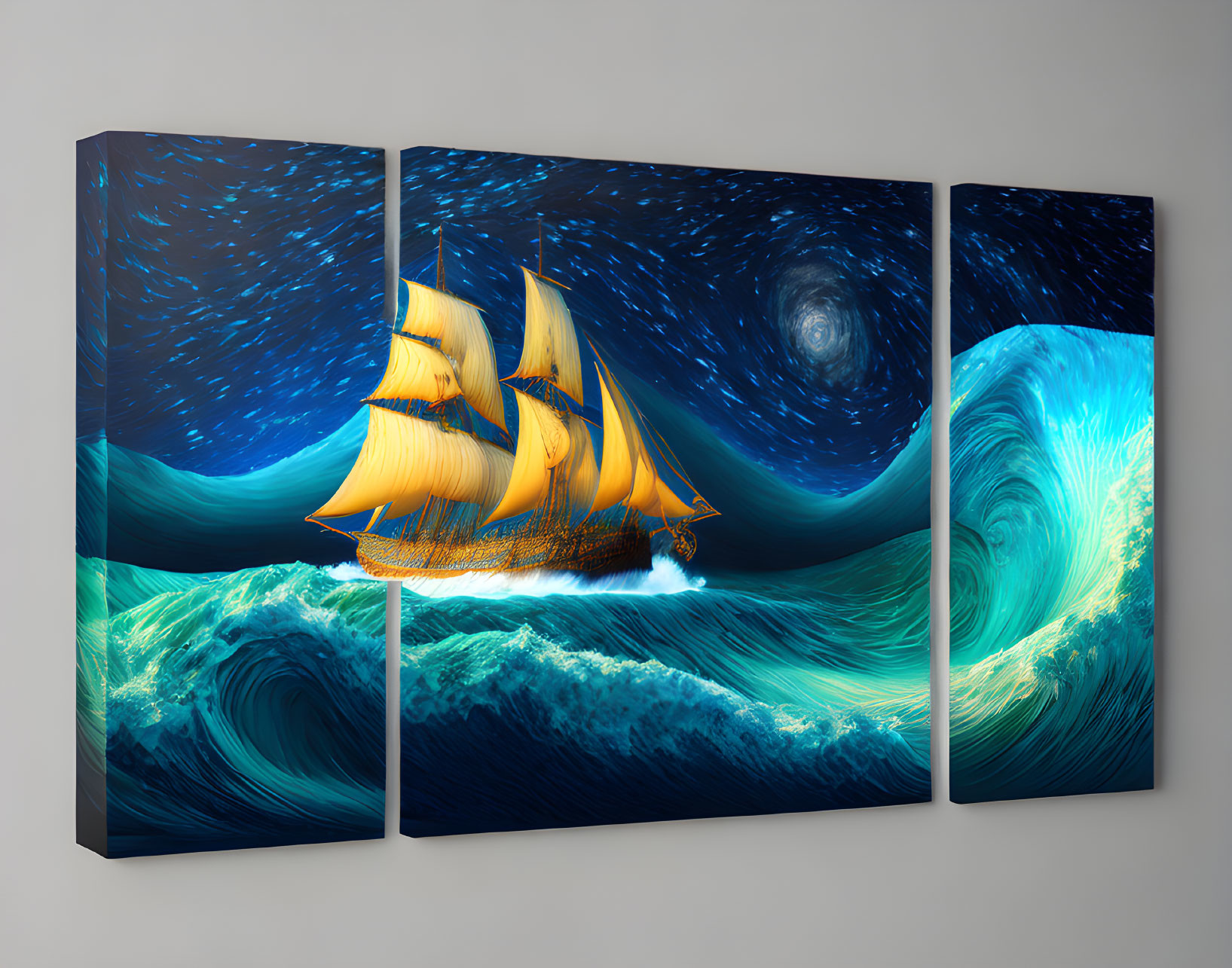 Vibrant sailing ship on tumultuous sea with starry sky backdrop