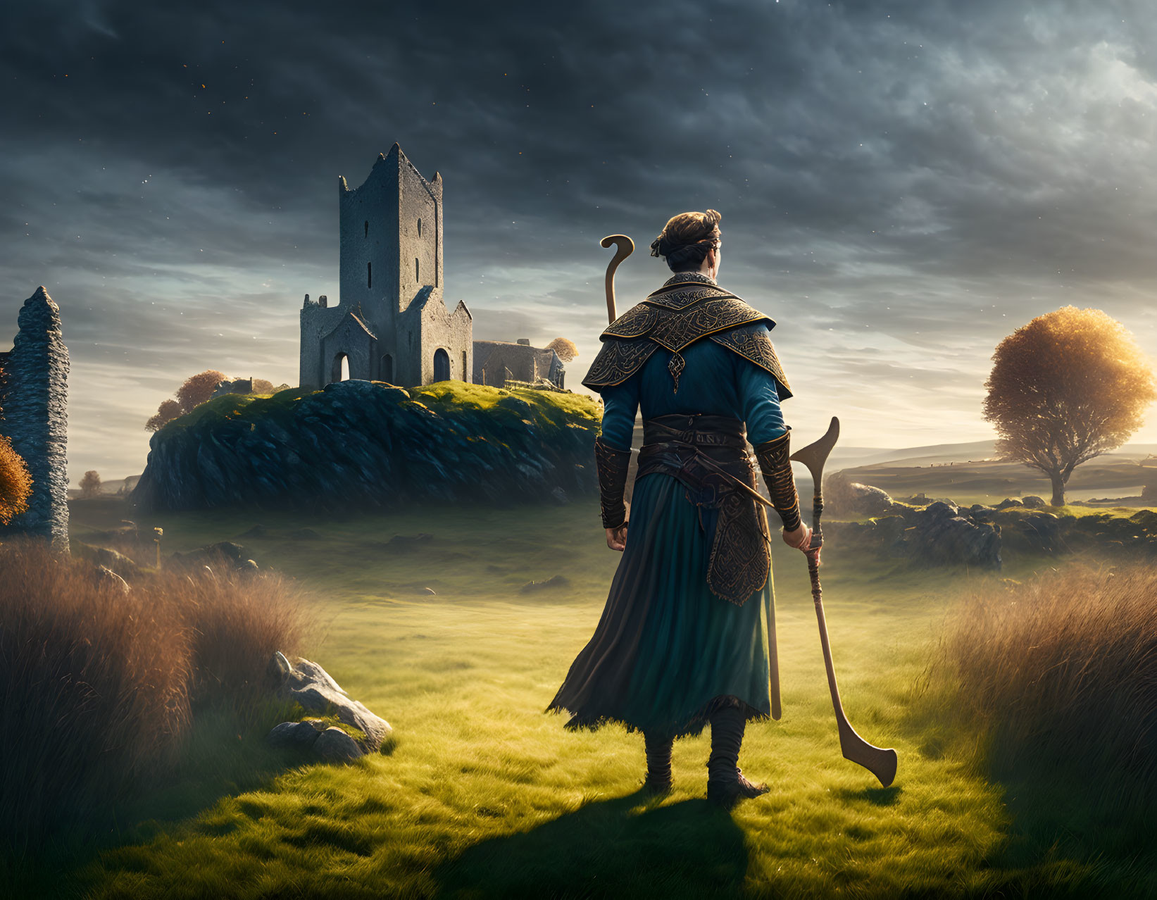 Medieval knight at castle ruins in tranquil countryside at dawn