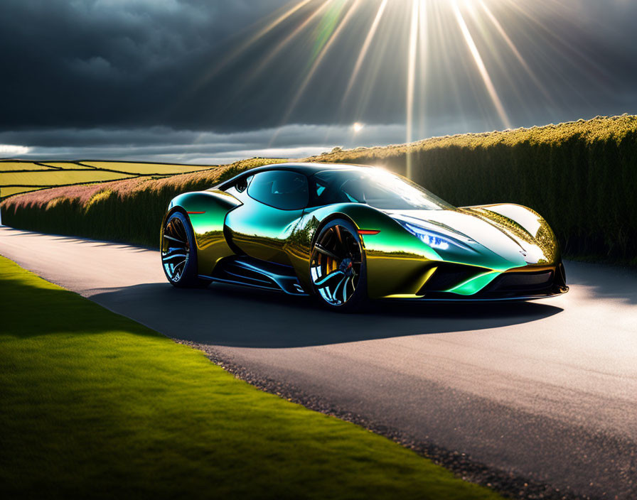 Reflective Green and Gold Sports Car on Road with Dramatic Sunlight